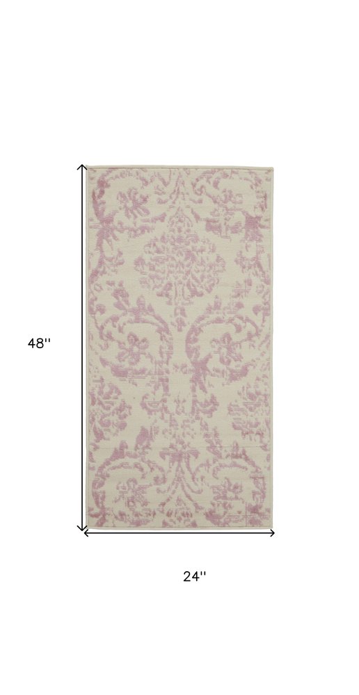 2' X 4' Ivory And Pink Damask Area Rug