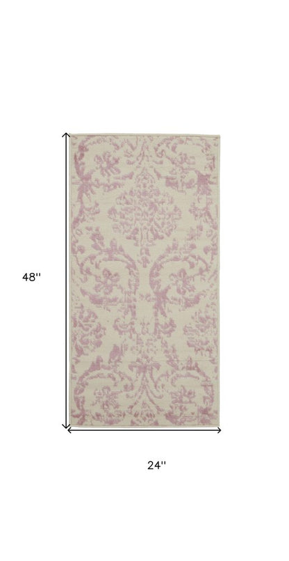 2' X 4' Ivory And Pink Damask Area Rug