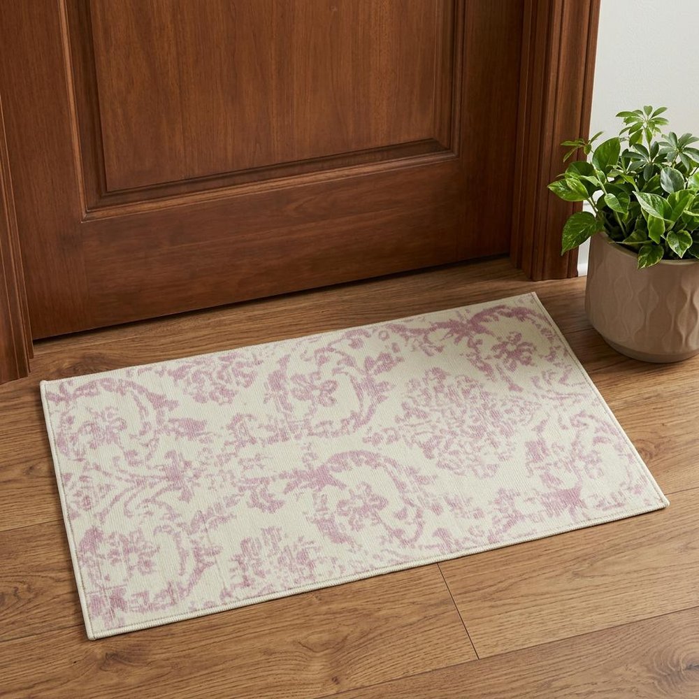2' X 4' Cream Damask Power Loom Area Rug