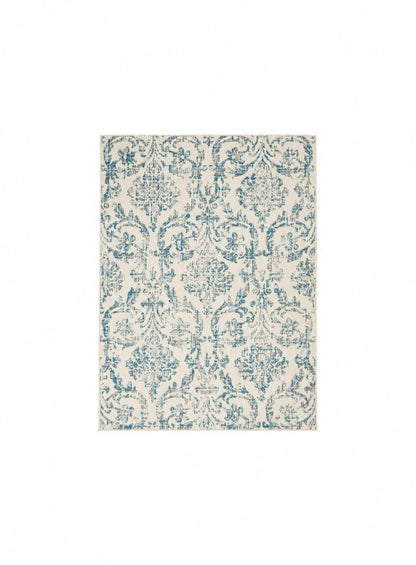 6' X 9' Ivory And Blue Damask Area Rug