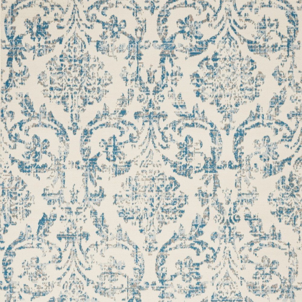 6' X 9' Ivory And Blue Damask Area Rug