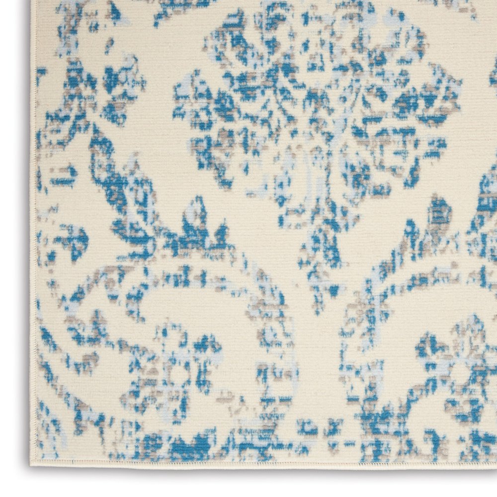 6' X 9' Ivory And Blue Damask Area Rug