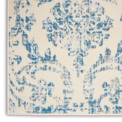 6' X 9' Ivory And Blue Damask Area Rug