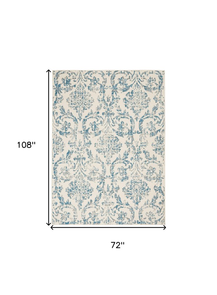 6' X 9' Ivory And Blue Damask Area Rug