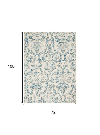 6' X 9' Ivory And Blue Damask Area Rug