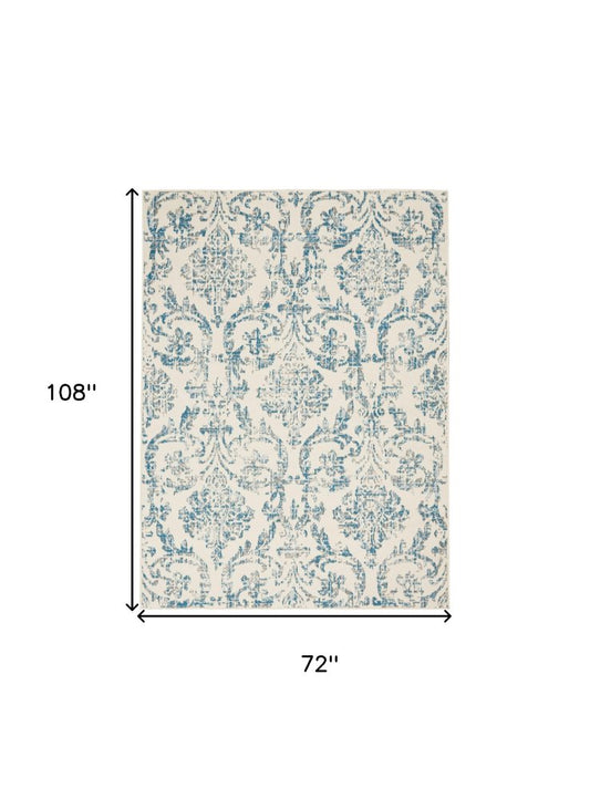 6' X 9' Ivory And Blue Damask Area Rug
