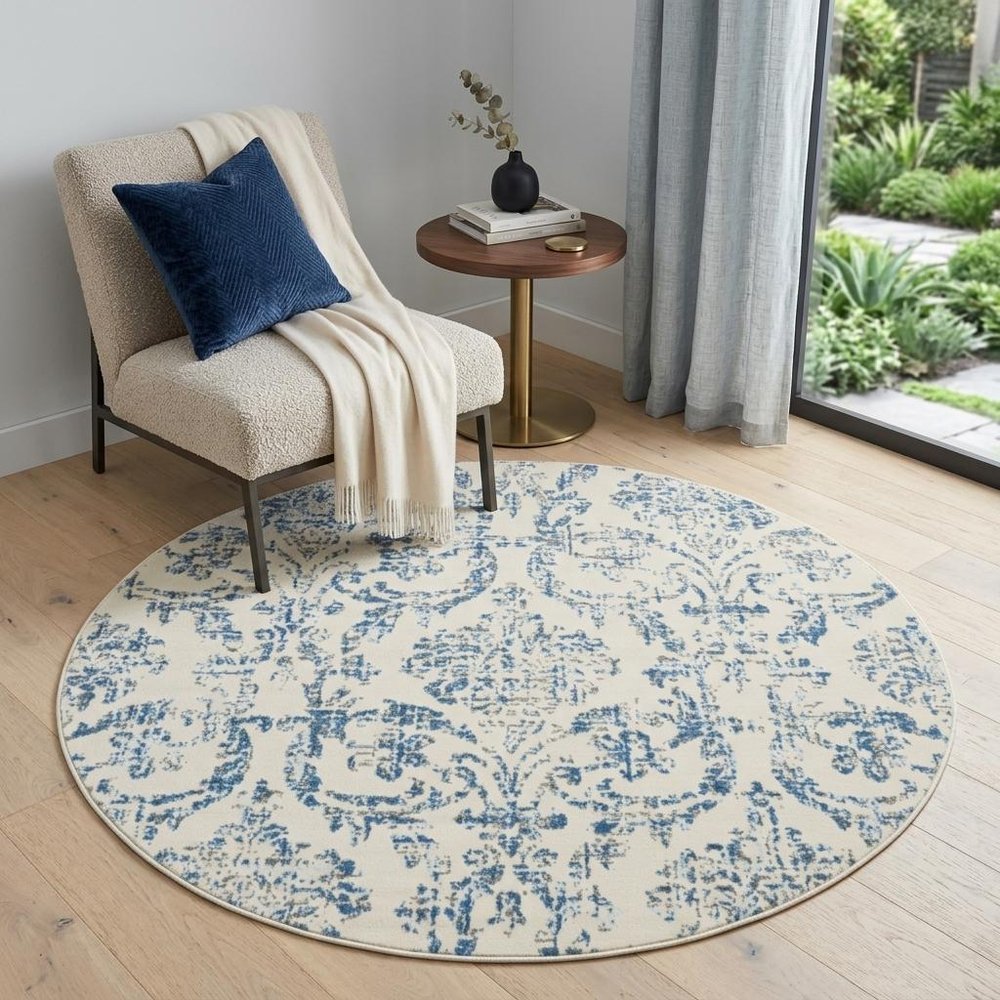 5' Ivory And Blue Damask Round Rug