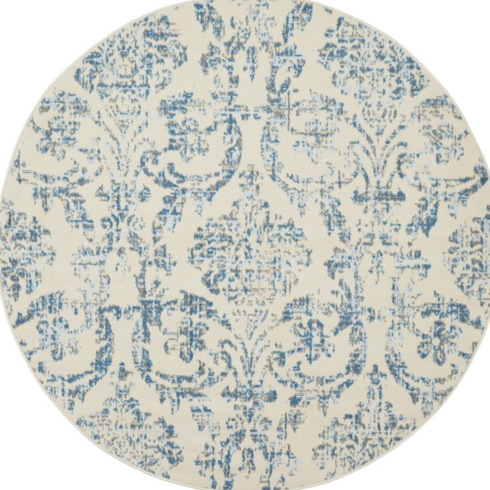 5' Ivory And Blue Damask Round Rug
