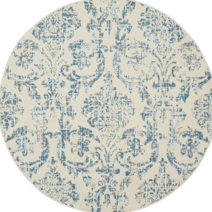 5' Ivory And Blue Damask Round Rug