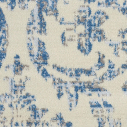5' Ivory And Blue Damask Round Rug