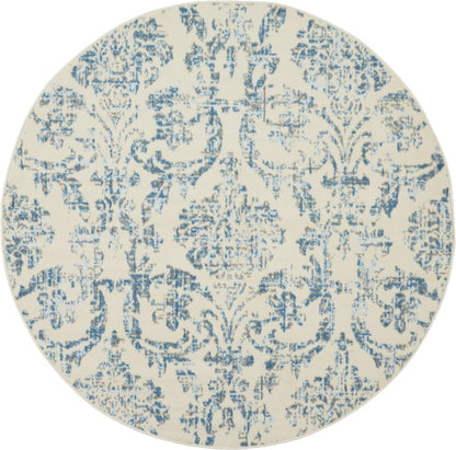 5' Ivory And Blue Damask Round Rug