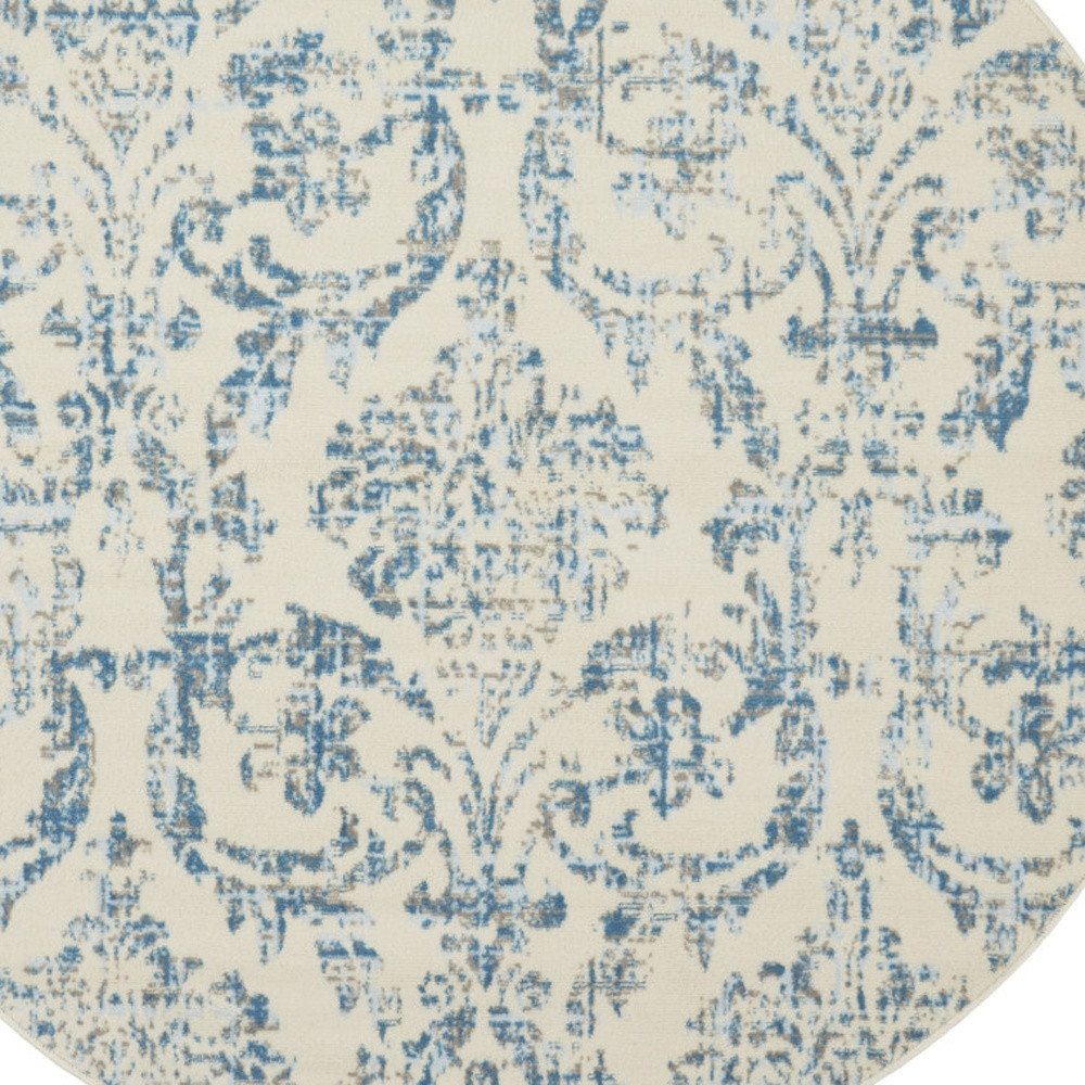 5' Ivory And Blue Damask Round Rug