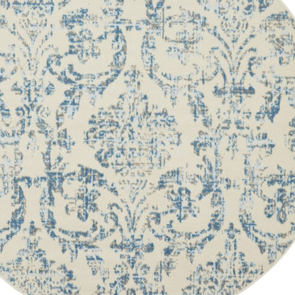 5' Ivory And Blue Damask Round Rug