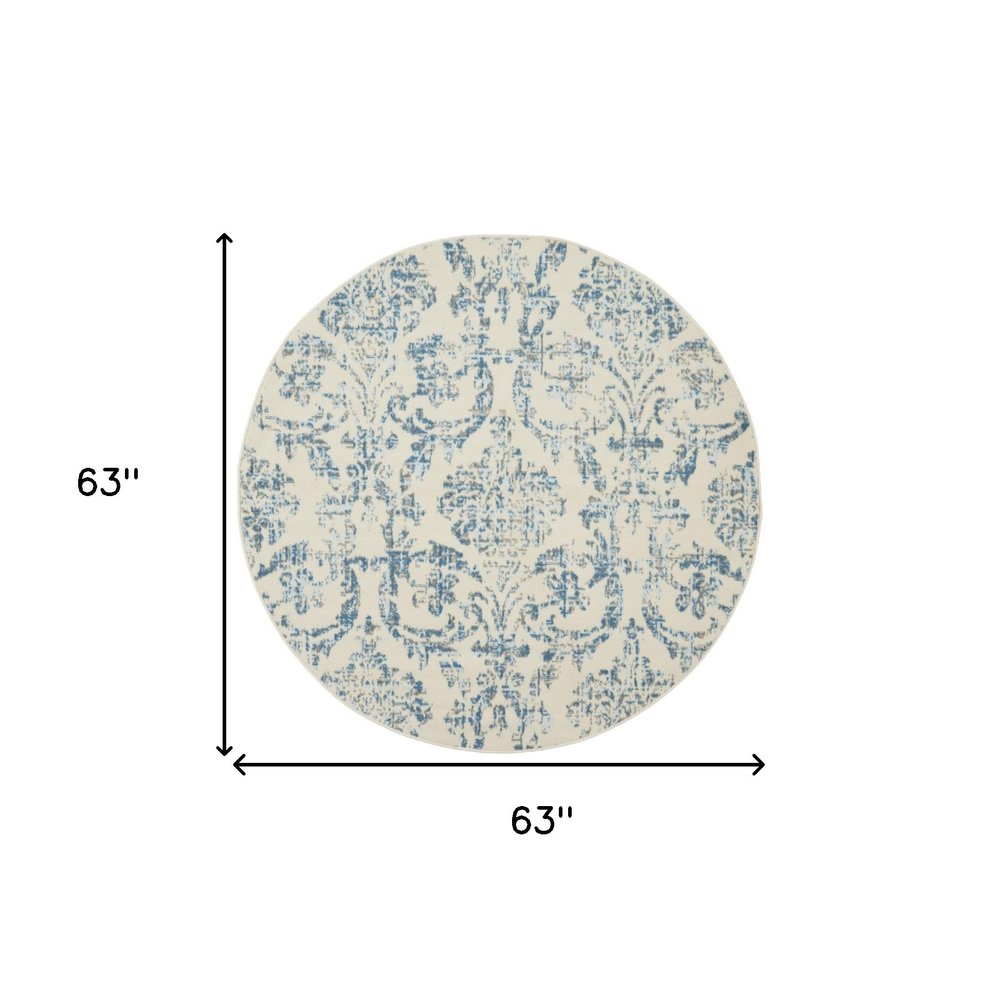 5' Ivory And Blue Damask Round Rug