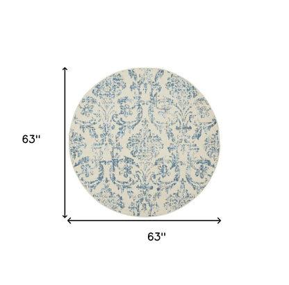 5' Ivory And Blue Damask Round Rug