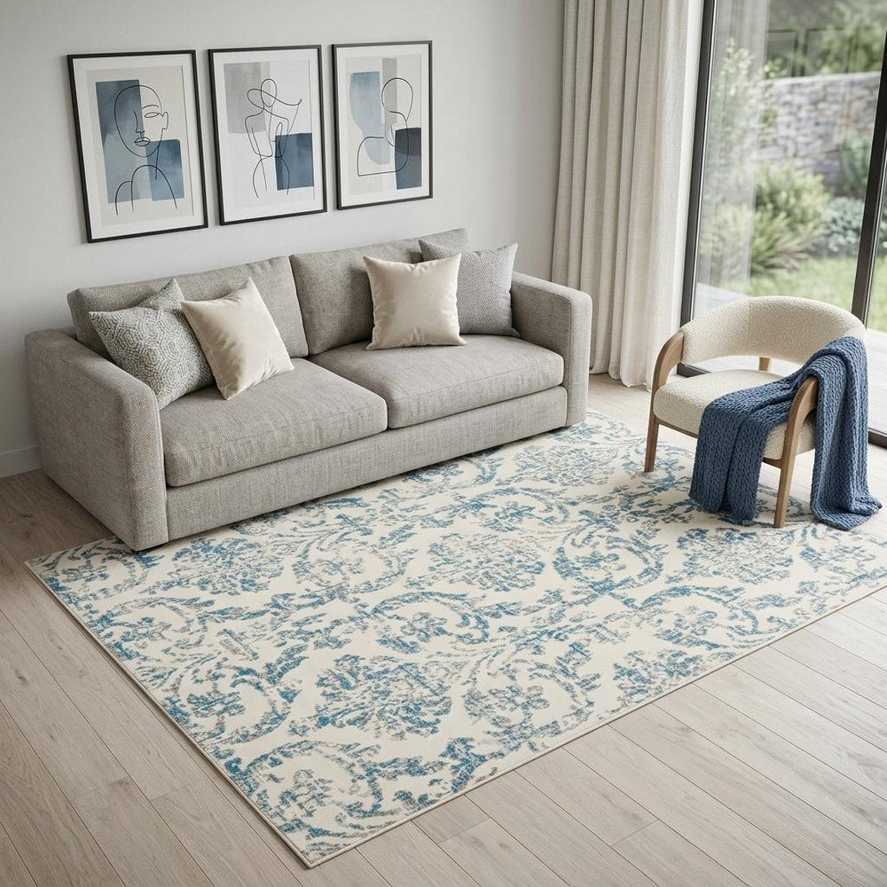 5' X 7' Ivory And Blue Damask Area Rug