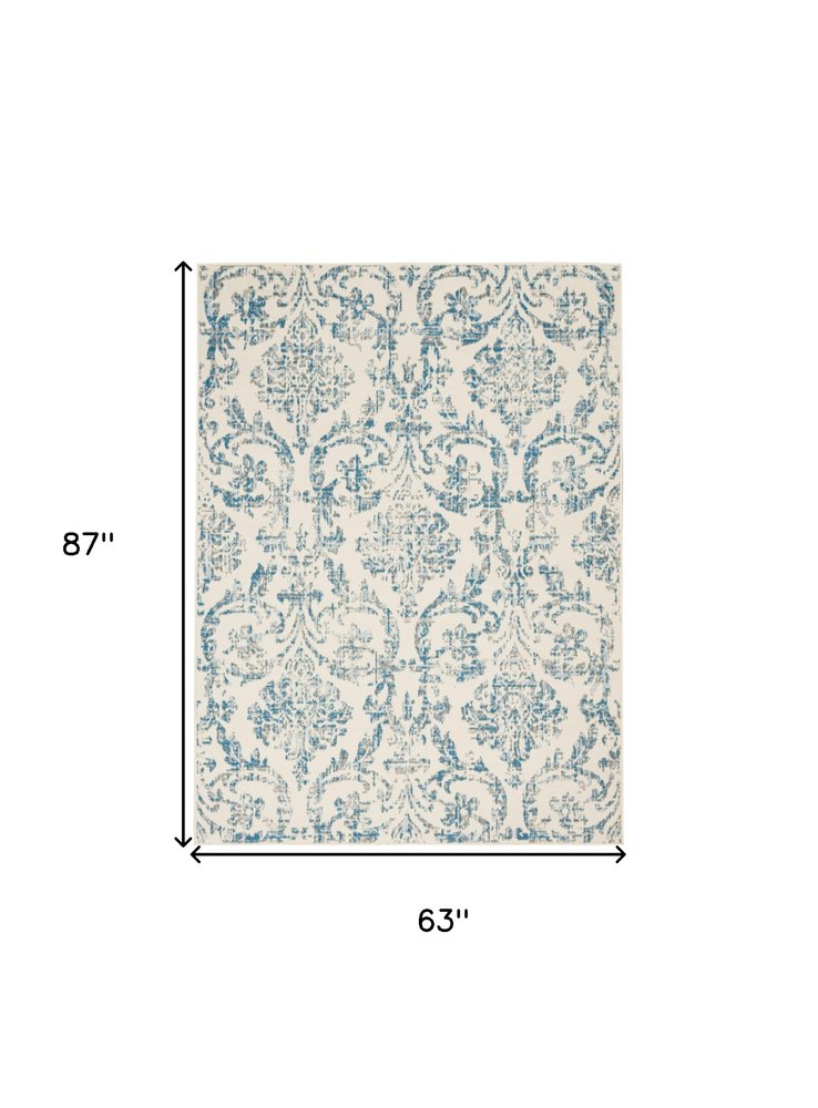 5' X 7' Ivory And Blue Damask Area Rug