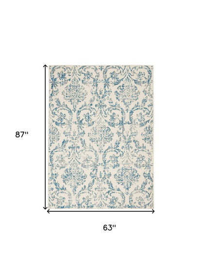 5' X 7' Ivory And Blue Damask Area Rug