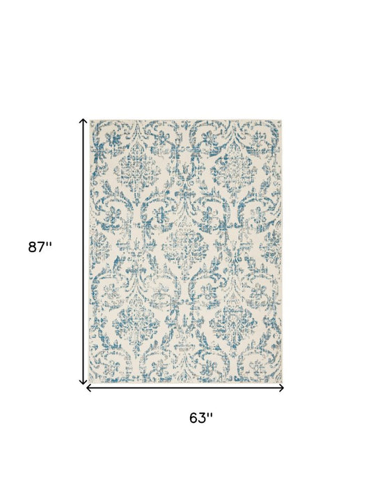 5' X 7' Ivory And Blue Damask Area Rug