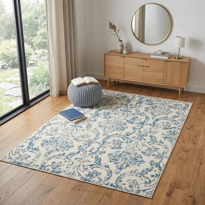4' X 6' Ivory And Blue Damask Area Rug