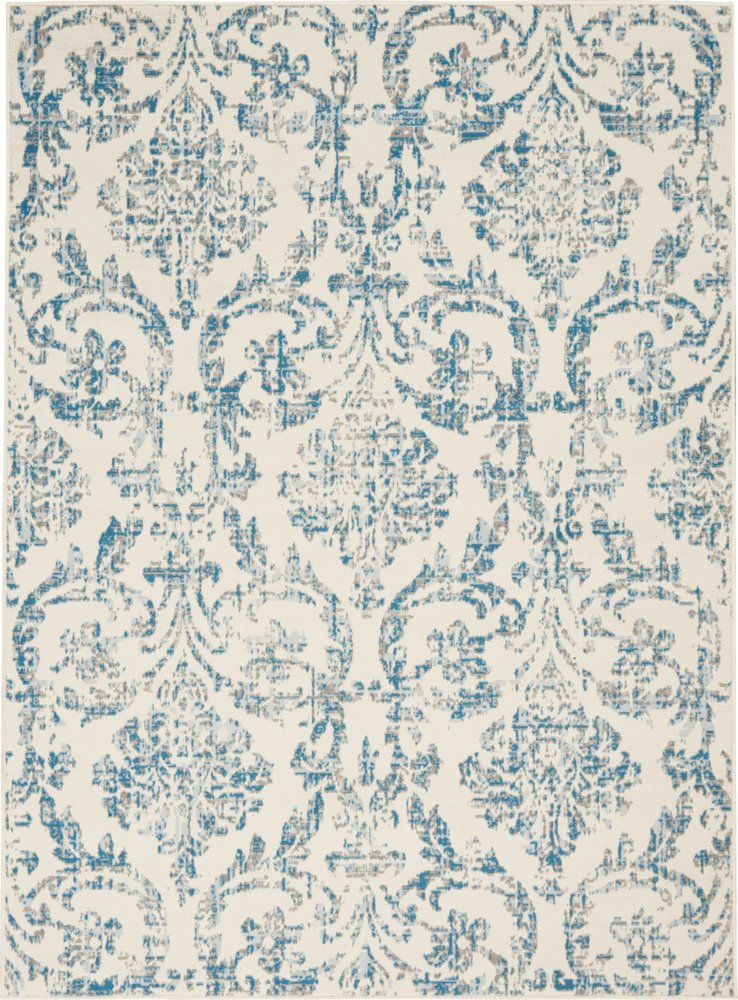 4' X 6' Ivory And Blue Damask Area Rug