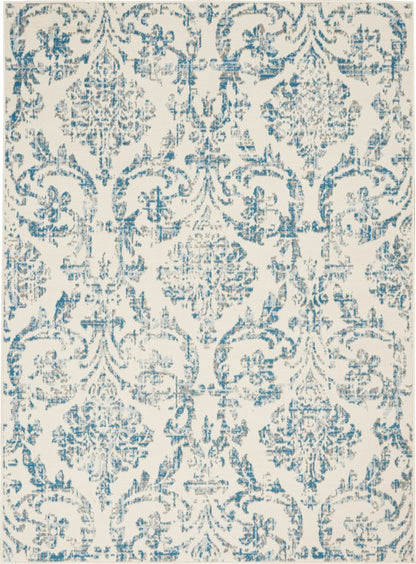 4' X 6' Ivory And Blue Damask Area Rug