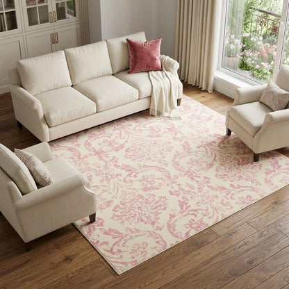 6' X 9' Beige and Pink Floral Power Loom Non Skid Area Rug