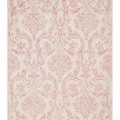 6' X 9' Ivory And Pink Damask Area Rug