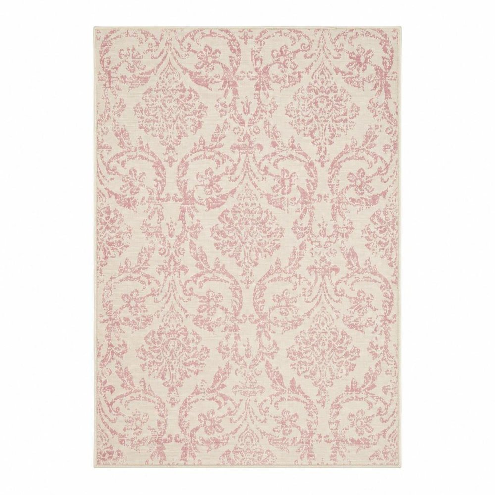 6' X 9' Ivory And Pink Damask Area Rug