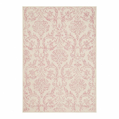 6' X 9' Ivory And Pink Damask Area Rug