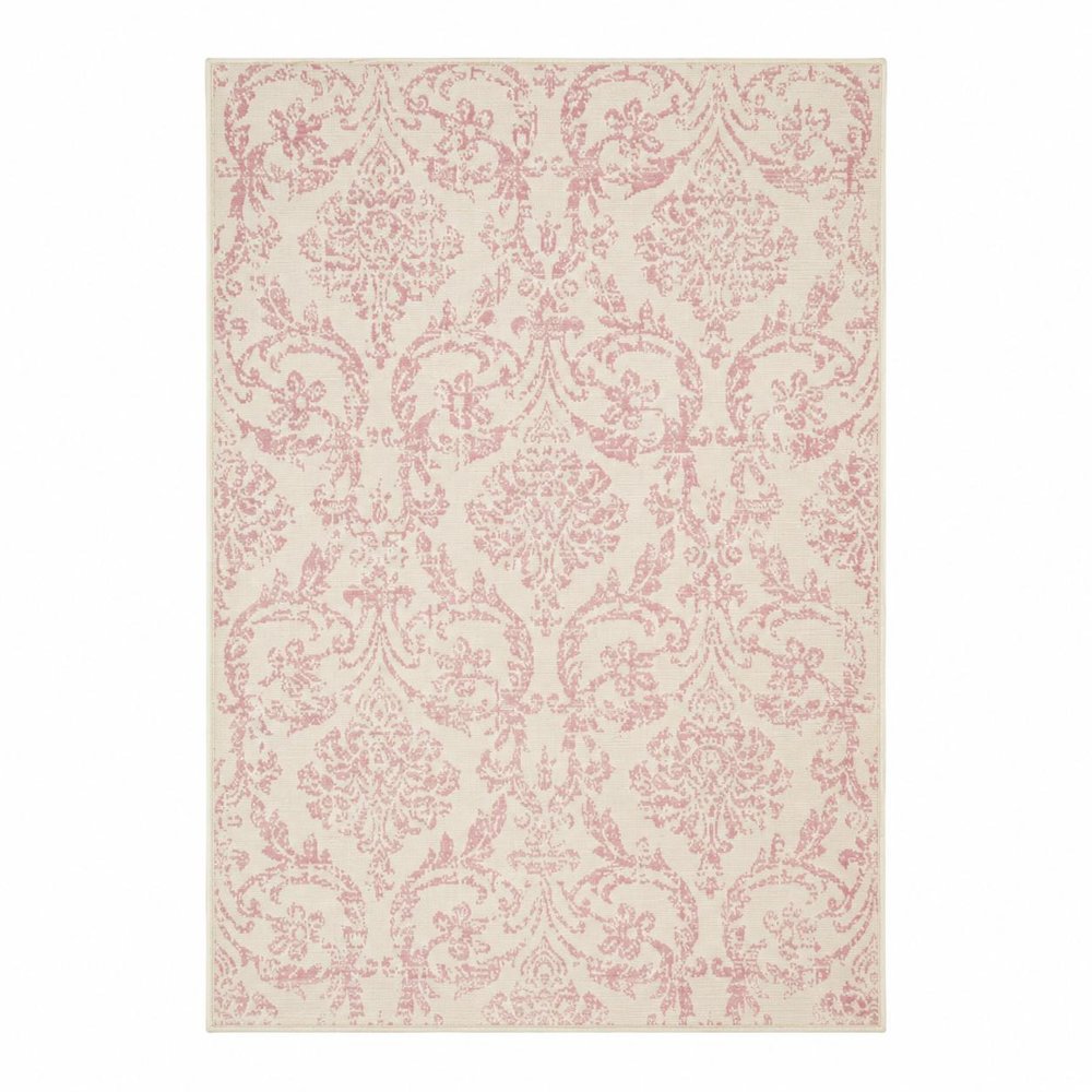 6' X 9' Ivory And Pink Damask Area Rug