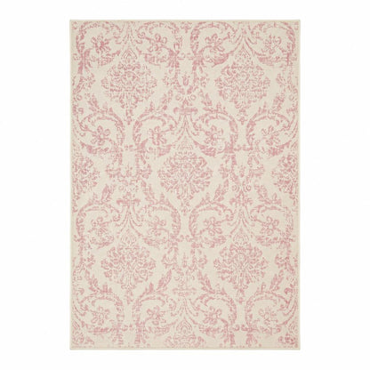 6' X 9' Ivory And Pink Damask Area Rug