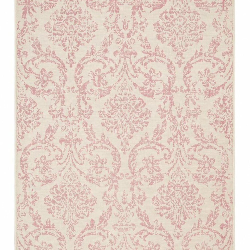 6' X 9' Ivory And Pink Damask Area Rug