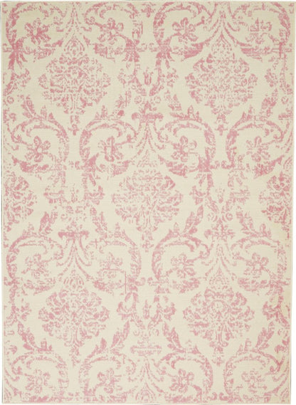 6' X 9' Ivory And Pink Damask Area Rug