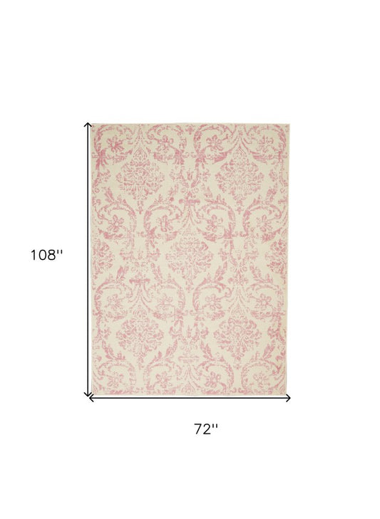 6' X 9' Ivory And Pink Damask Area Rug