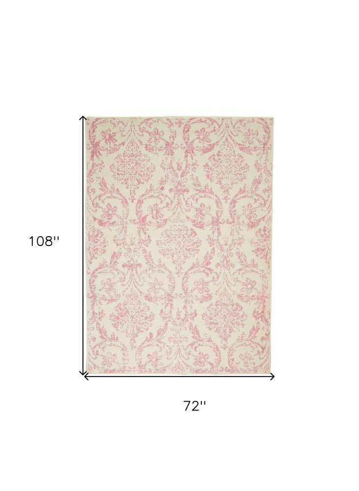 6' X 9' Ivory And Pink Damask Area Rug