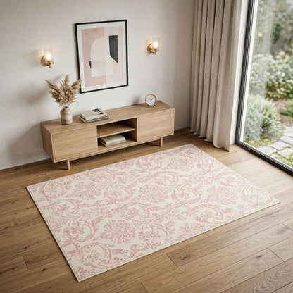 4' X 6' Ivory And Pink Damask Area Rug