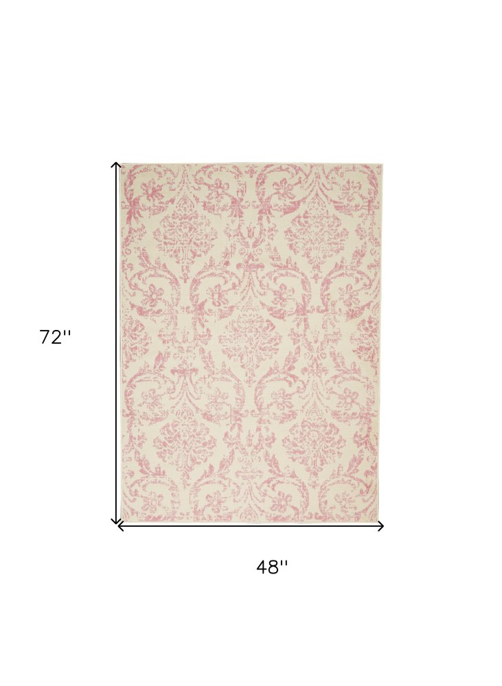 4' X 6' Ivory And Pink Damask Area Rug