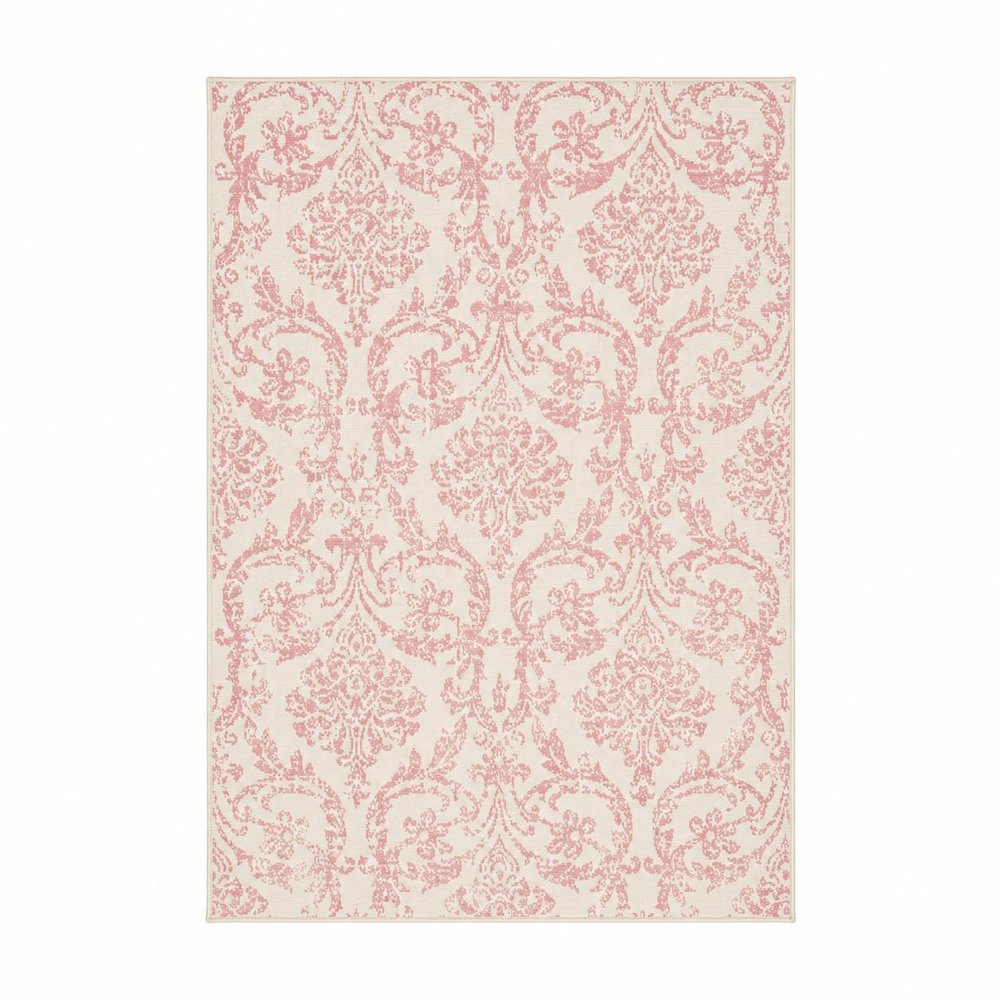 5' X 7' Ivory And Pink Damask Area Rug
