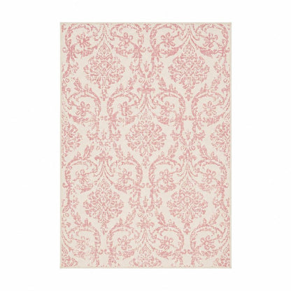 5' X 7' Ivory And Pink Damask Area Rug