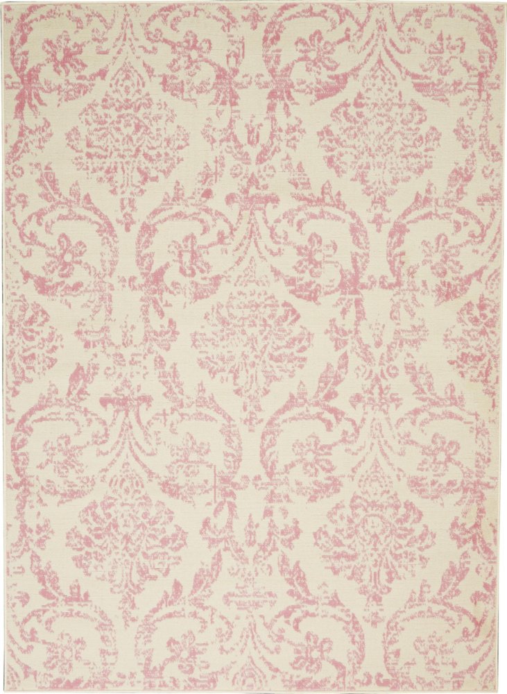 5' X 7' Ivory And Pink Damask Area Rug
