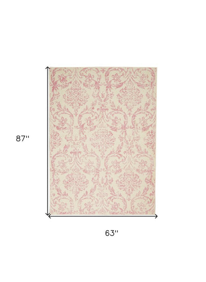 5' X 7' Ivory And Pink Damask Area Rug