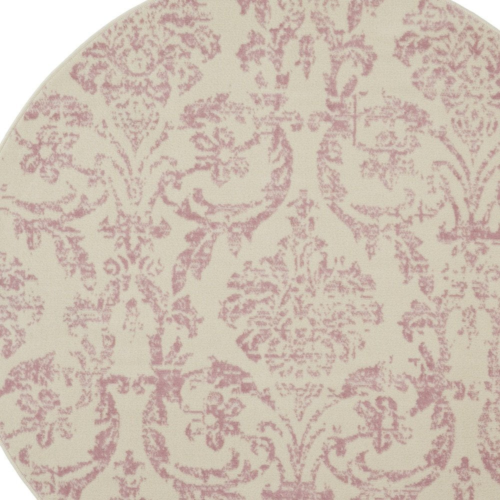 5' Ivory And Pink Damask Round Rug