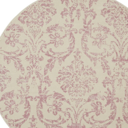 5' Ivory And Pink Damask Round Rug