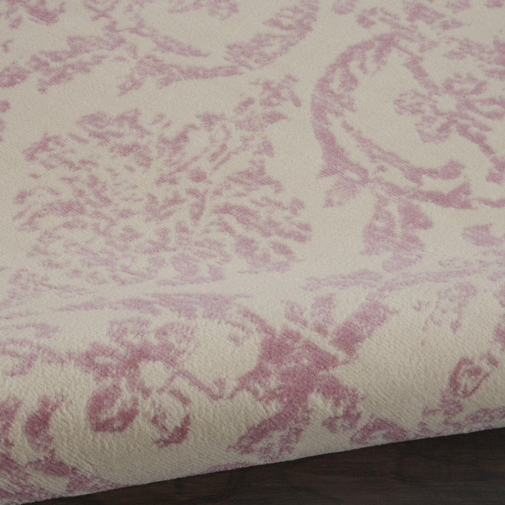5' Ivory And Pink Damask Round Rug