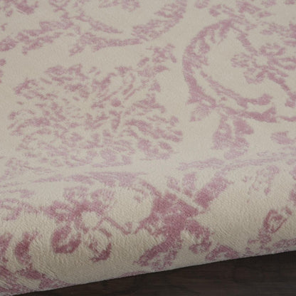 5' Ivory And Pink Damask Round Rug