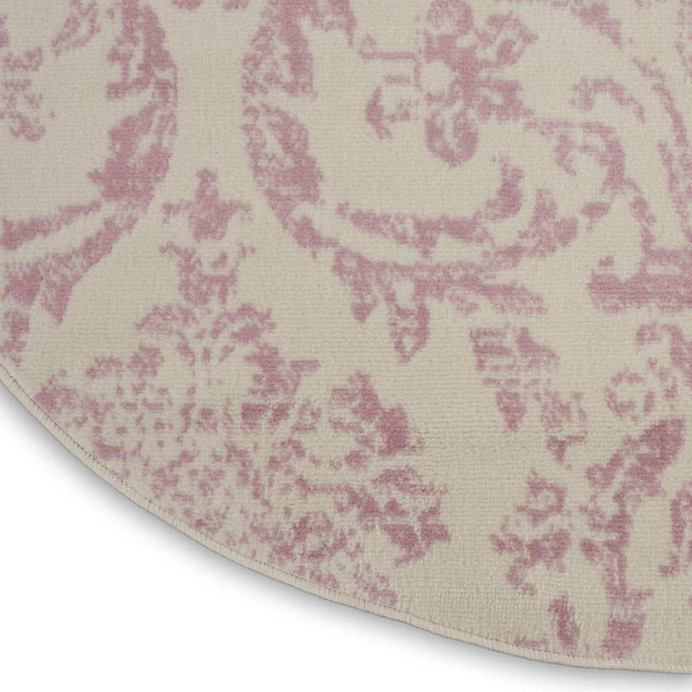 5' Ivory And Pink Damask Round Rug