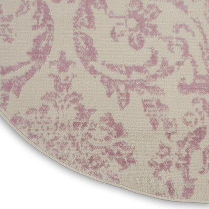 5' Ivory And Pink Damask Round Rug