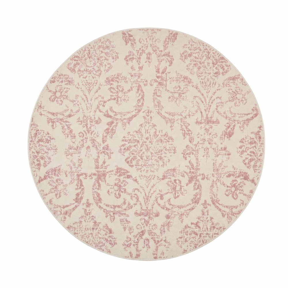 5' Ivory And Pink Damask Round Rug