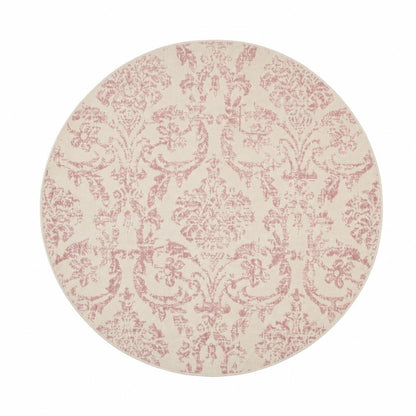 5' Ivory And Pink Damask Round Rug
